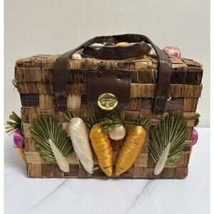 Vintage Woven Basket Handbag Vegetable Motif 1970s Box Purse Brown